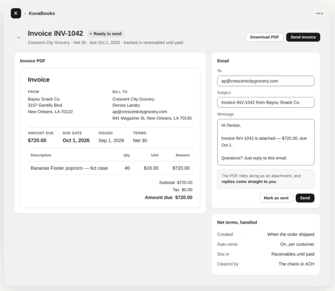KovaBooks invoice INV-1042 ready to send, with the PDF and the email to the customer