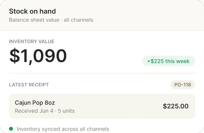 Stock on hand: inventory value $1,090, up $225 this week, with the latest receipt from purchase order PO-118