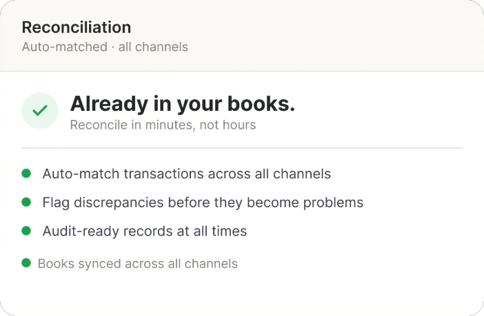 Reconciliation: transactions auto-matched, discrepancies flagged and records audit-ready