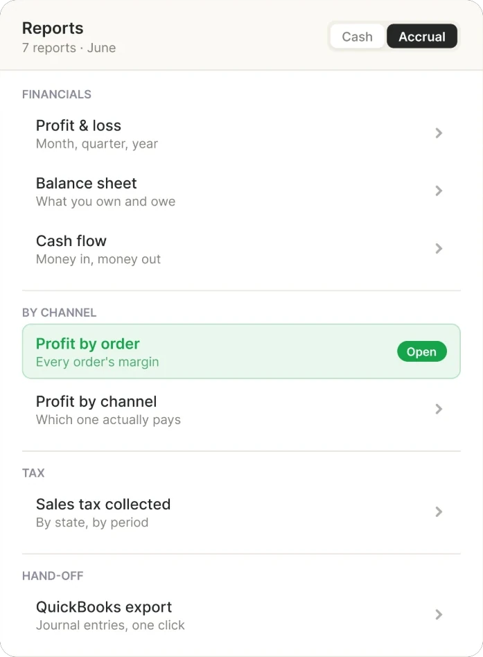 The Reports list, grouped into financials, by channel, tax and hand-off, with a cash and accrual switch